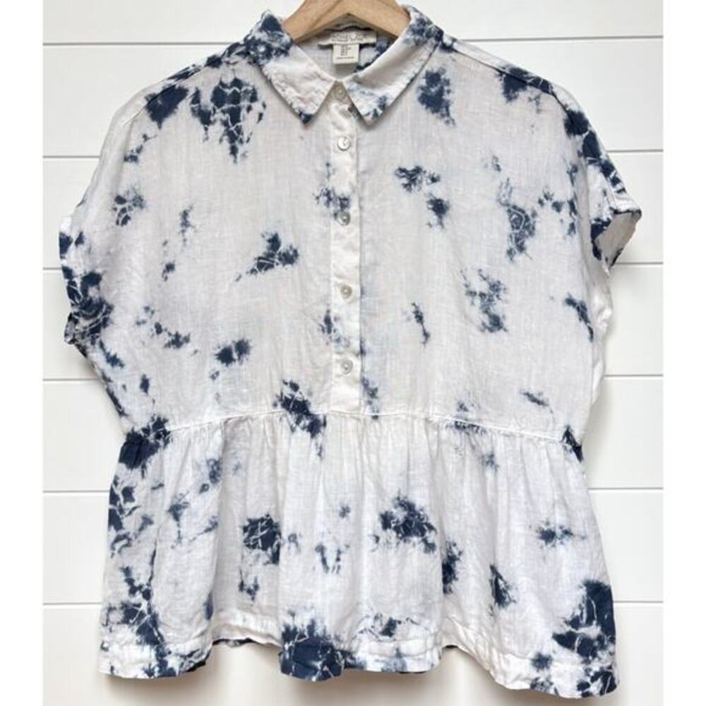 Rachel Zoe 100% Linen Tie Dye Peplum Button Front Blouse Blue White Size S Beach